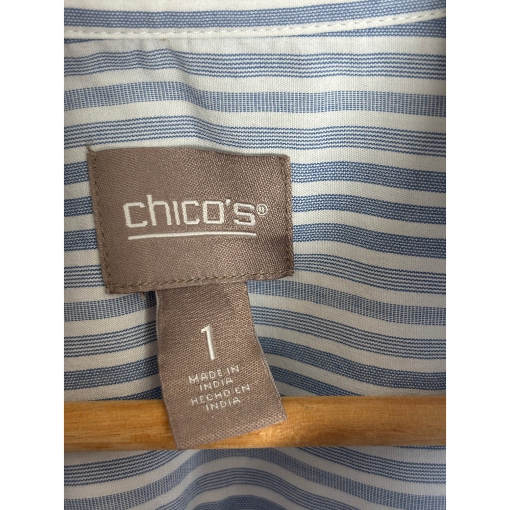 Chico's Blue White Striped Bell Sleeve Ruffle Button Down Shirt Size 1 Medium - Picture 4 of 6